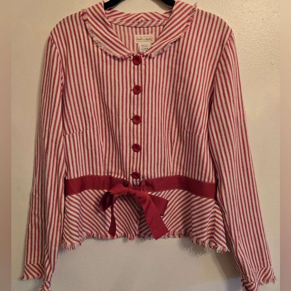 Neesh By D.A.R. Cotton Jacket Red Cream Ticking Fabric Distressed Ribbon Belt Lg